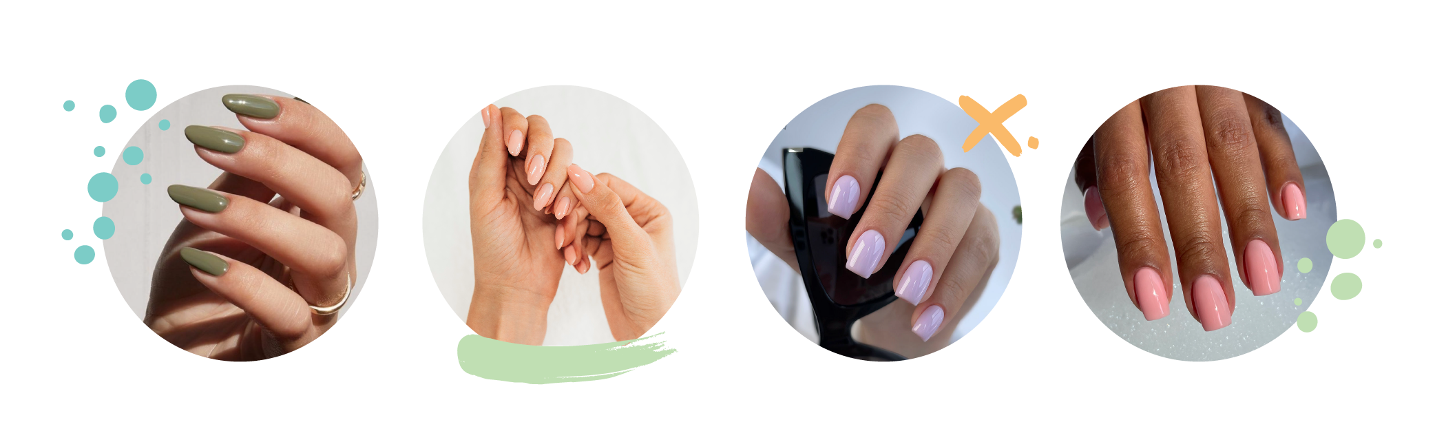 four different women with olive green, peach, lilac and pink nails